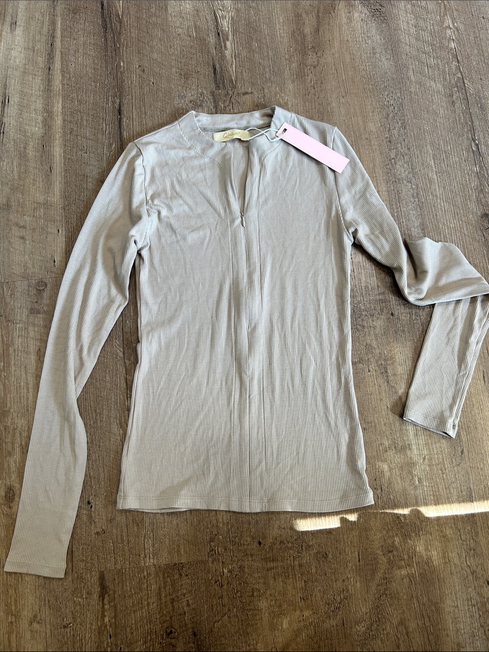 Slim Ribbed Long Sleeve Top in Light Taupe